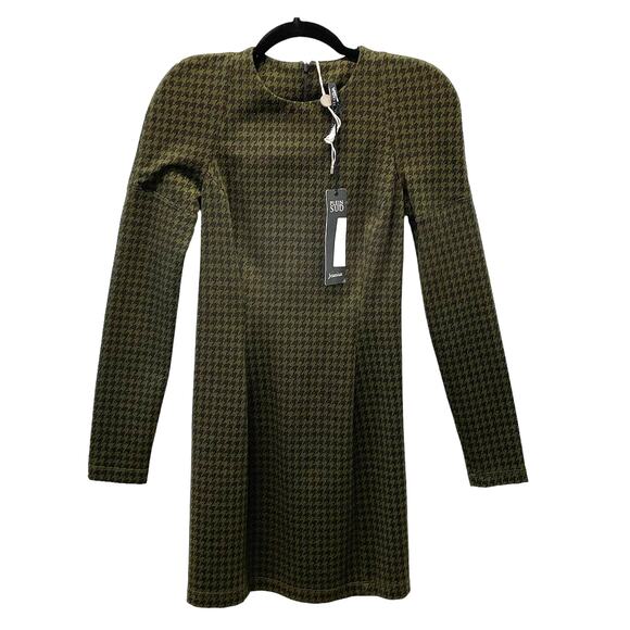Plein Sud Green and Black Houndstooth Long Sleeve Dress Hidden Zipper S 8 NWT - Picture 1 of 11